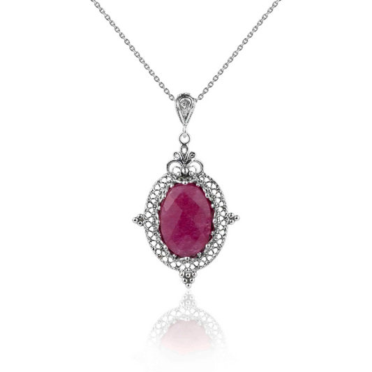 Filigree Art Ruby Corundum Gemstone Women Silver Oval Pendant Necklace