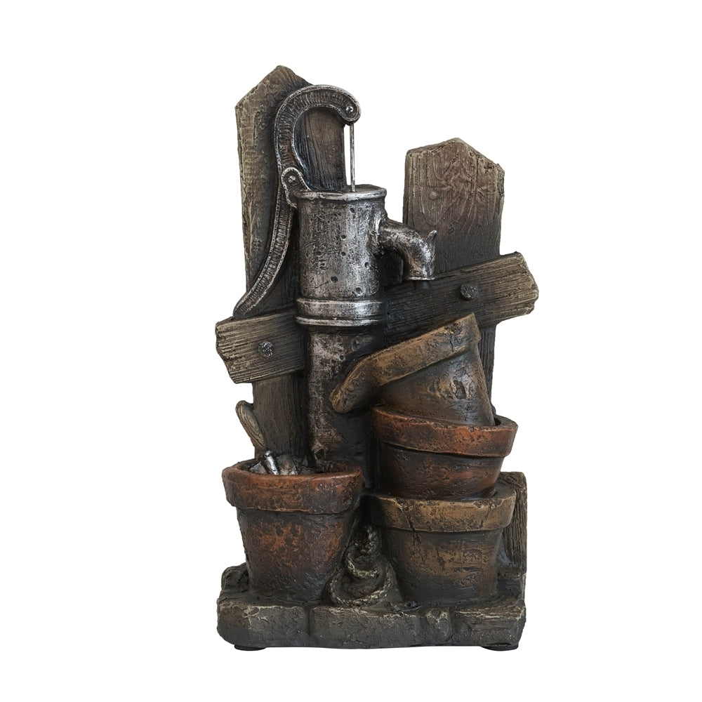 Brown and Gray Water Fountain with Antique Water Pump Design and LED Light 7.7x3.9x13.6