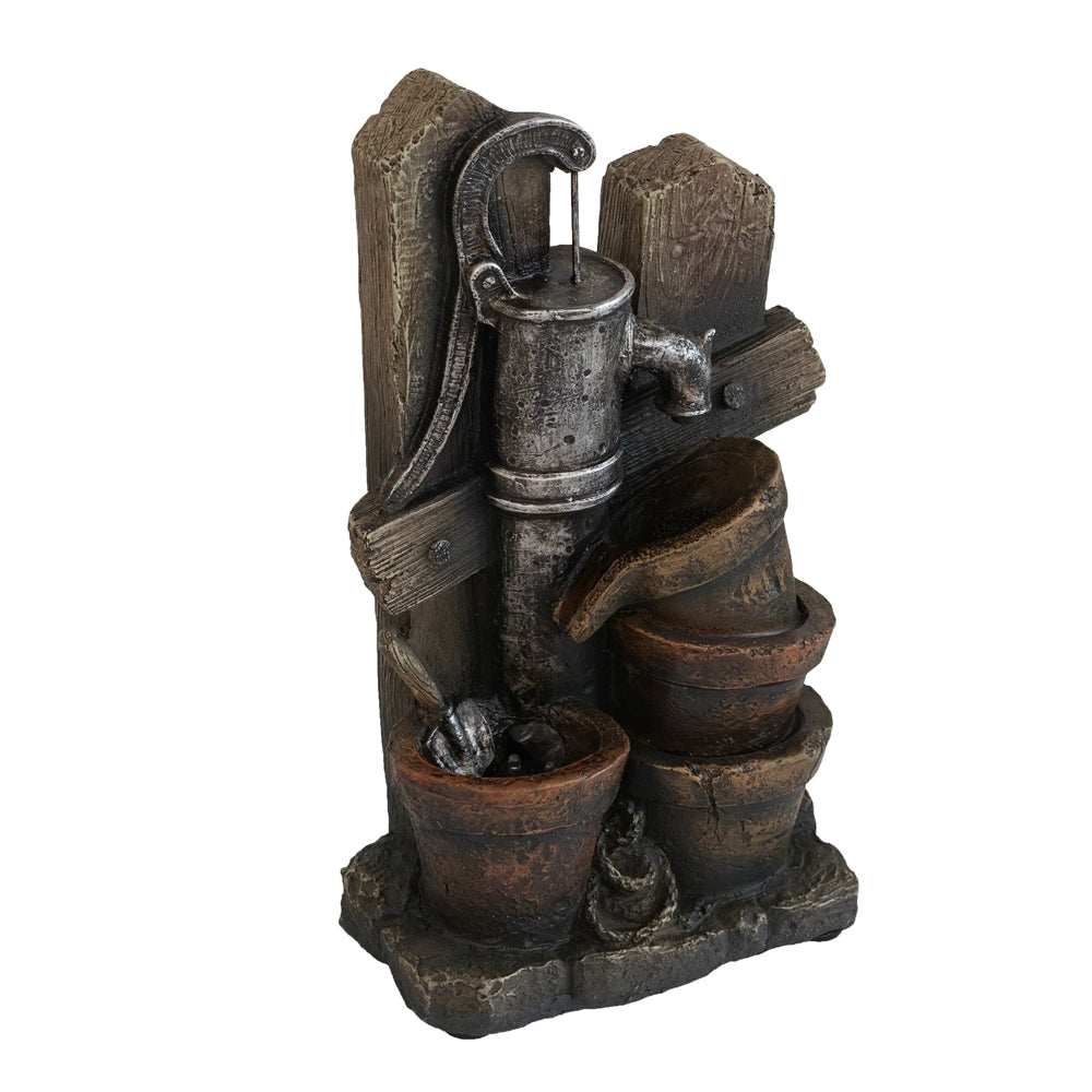 Brown and Gray Water Fountain with Antique Water Pump Design and LED Light 7.7x3.9x13.6