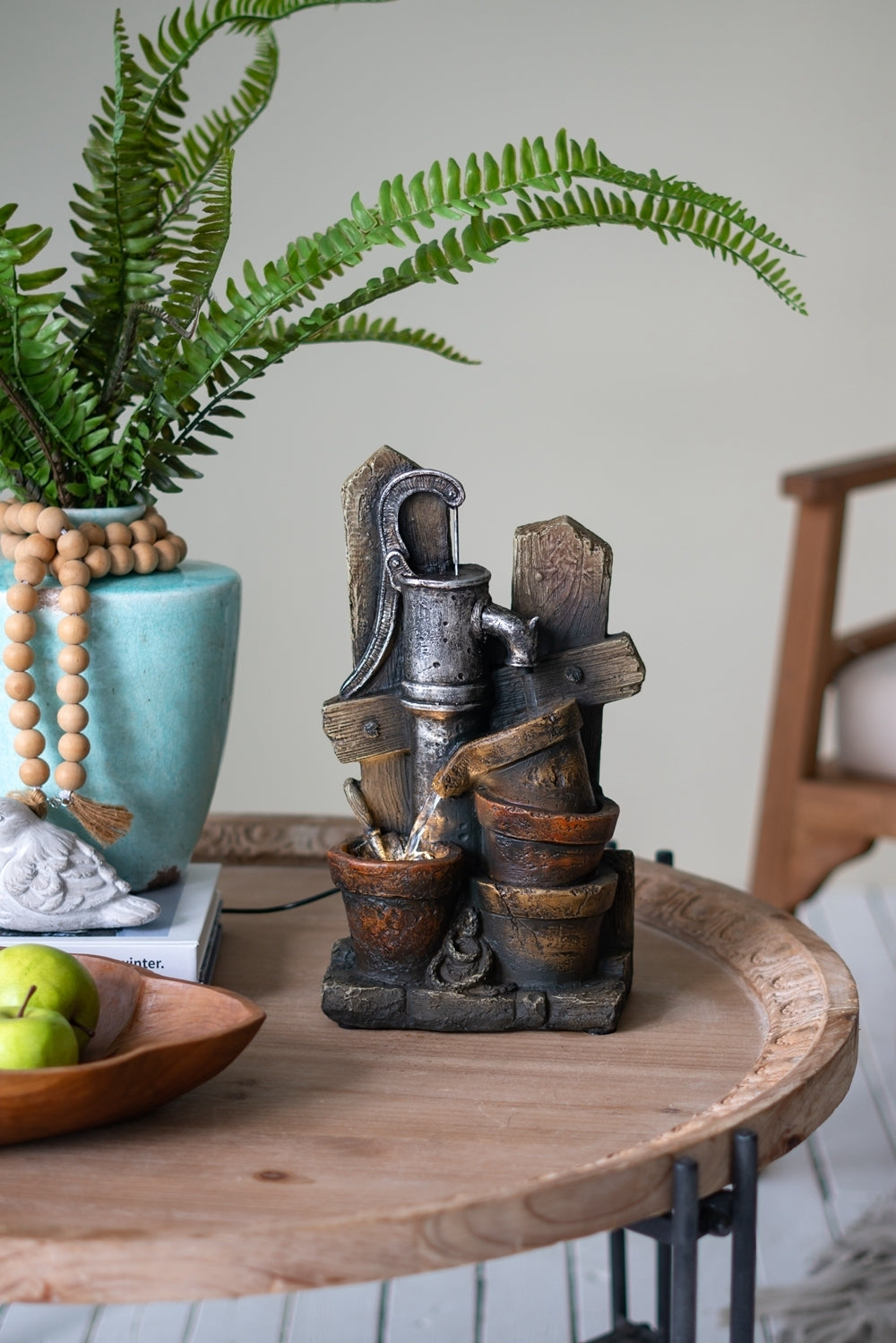 Brown and Gray Water Fountain with Antique Water Pump Design and LED Light 7.7x3.9x13.6