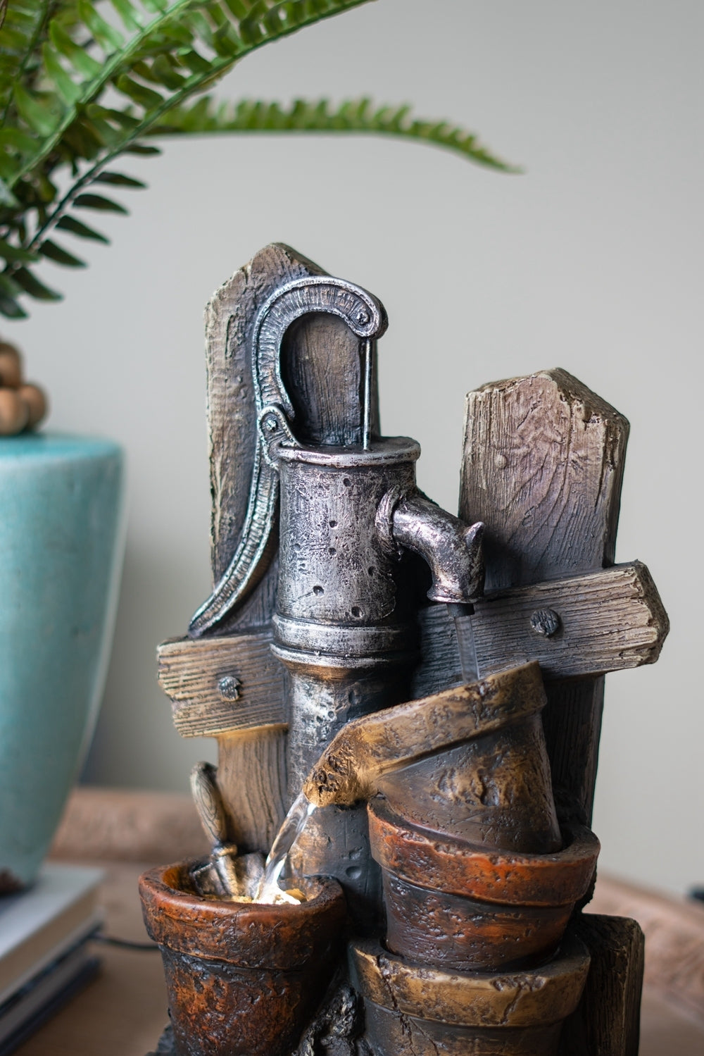 Brown and Gray Water Fountain with Antique Water Pump Design and LED Light 7.7x3.9x13.6