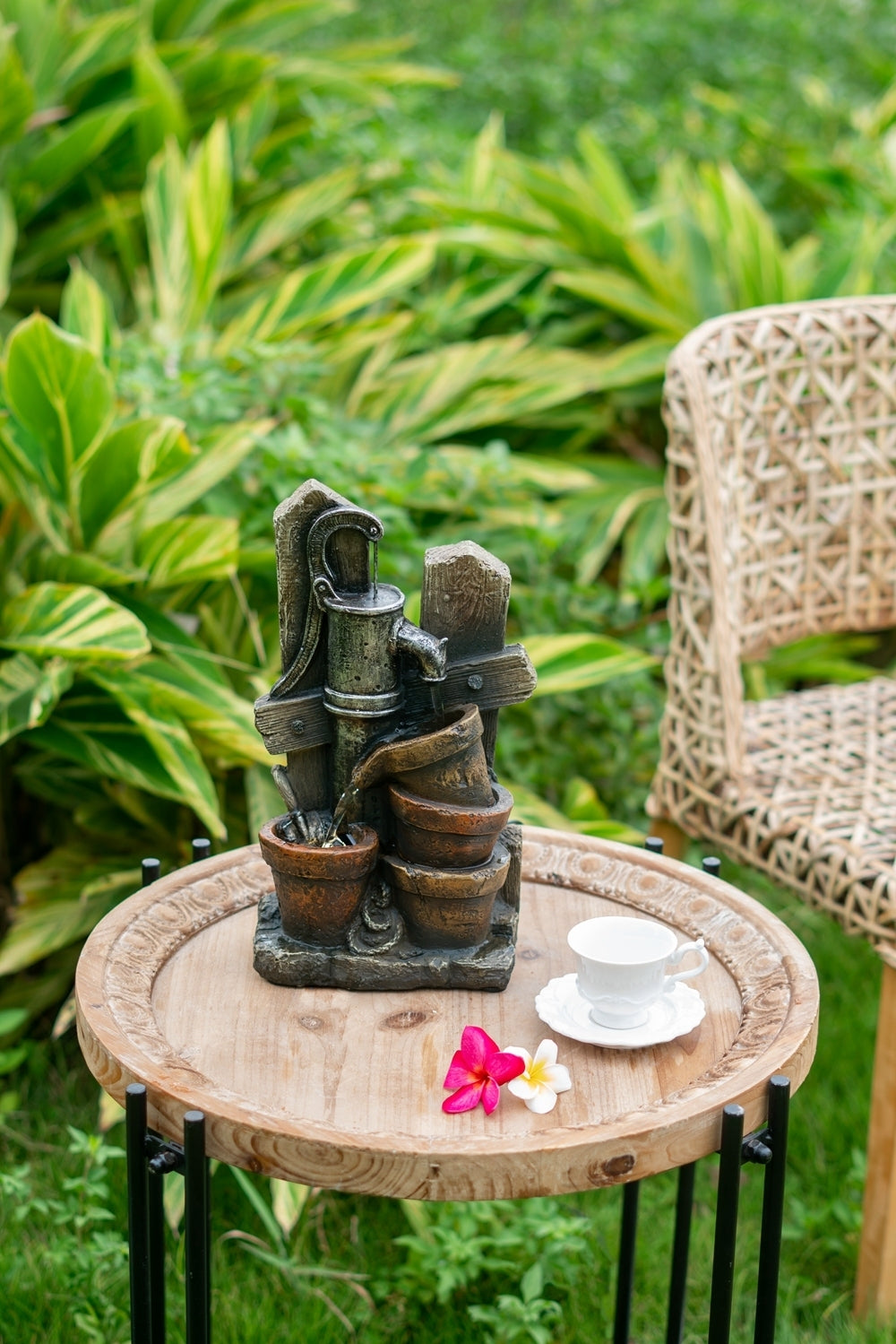 Brown and Gray Water Fountain with Antique Water Pump Design and LED Light 7.7x3.9x13.6