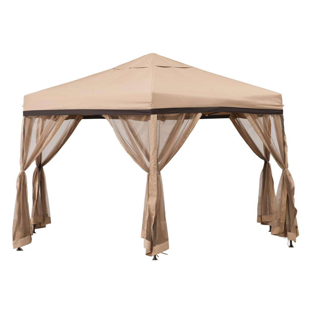 Sunjoy 11 ft. x 11 ft. Tan and Brown 2-tone Pop Up Portable Hexagon Steel Gazebo