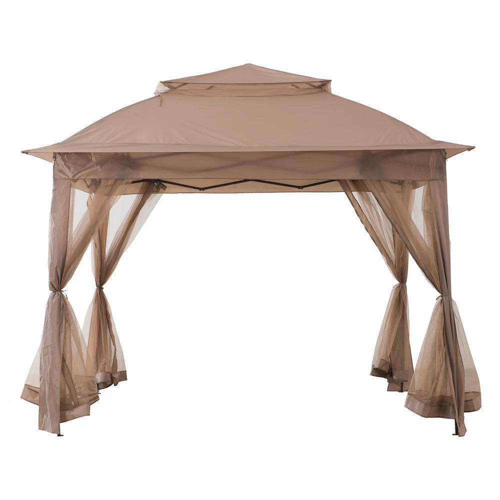 Patio Brown Steel Frame 11 x 11 ft Pop Up Portable 2 Tier Soft Top Gazebo