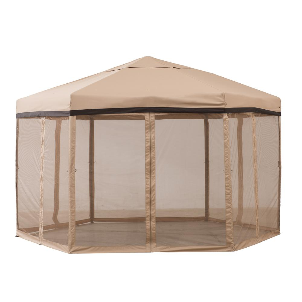 Sunjoy 11 ft. x 11 ft. Tan and Brown 2-tone Pop Up Portable Hexagon Steel Gazebo