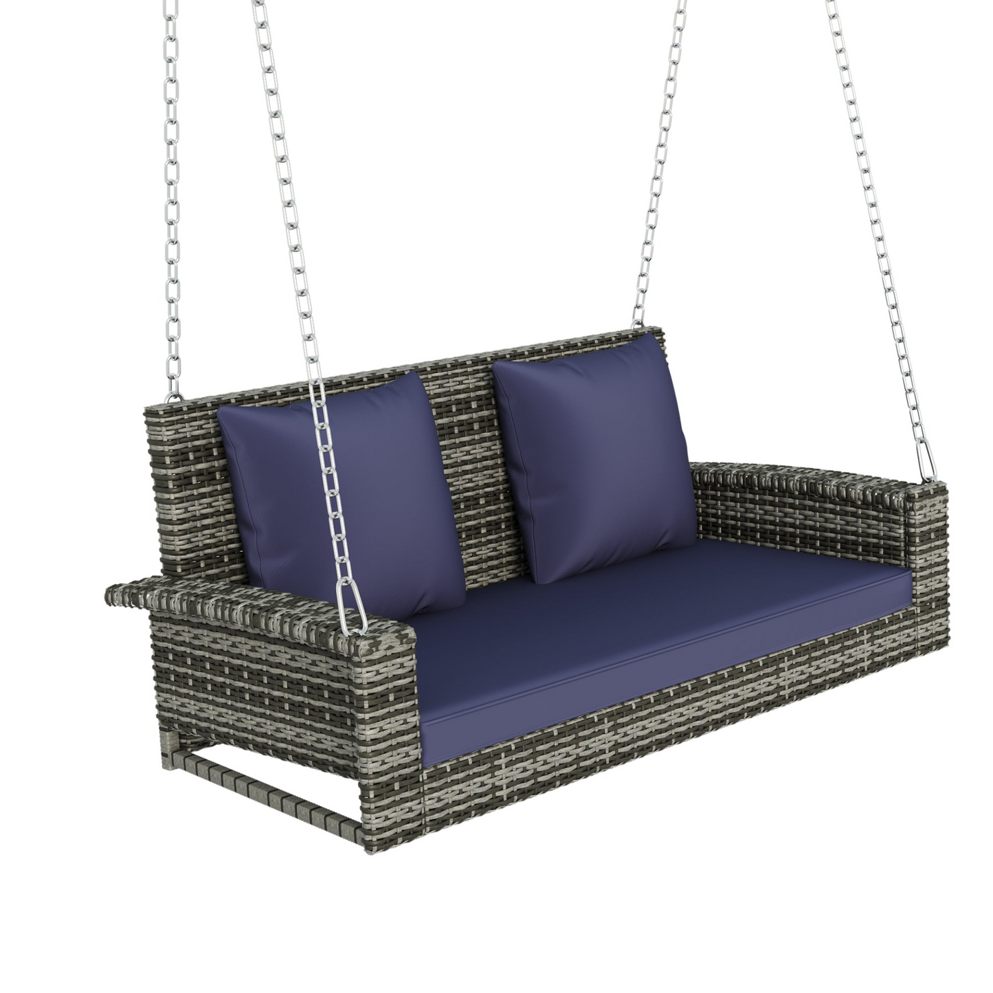 2-Person Wicker Hanging Porch Swing with Chains (Gray Wicker, Blue Cushion)