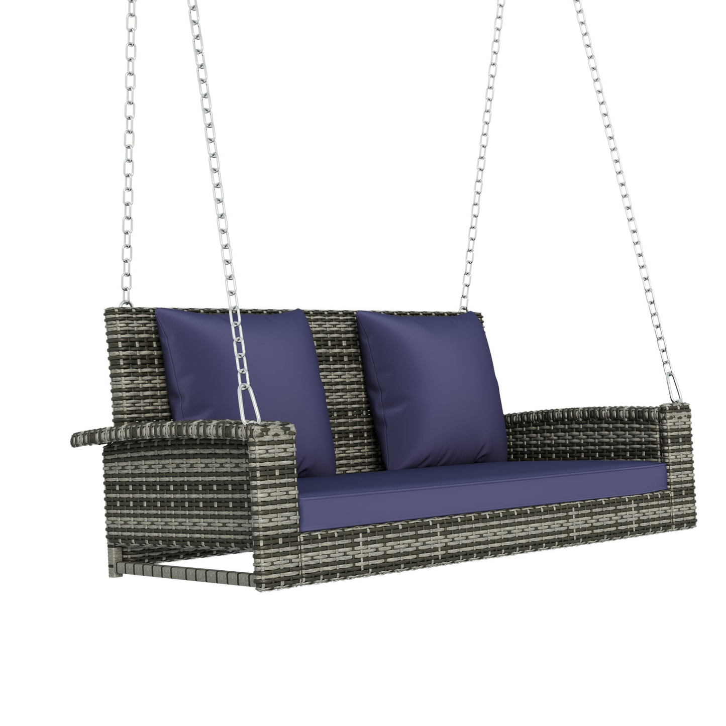 2-Person Wicker Hanging Porch Swing with Chains (Gray Wicker, Blue Cushion)