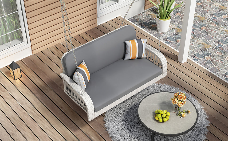 PE Wicker Porch Swing, 2-Seater Hanging Bench With Chains, Patio Furniture Swing For Backyard Garden Poolside, White And Gray