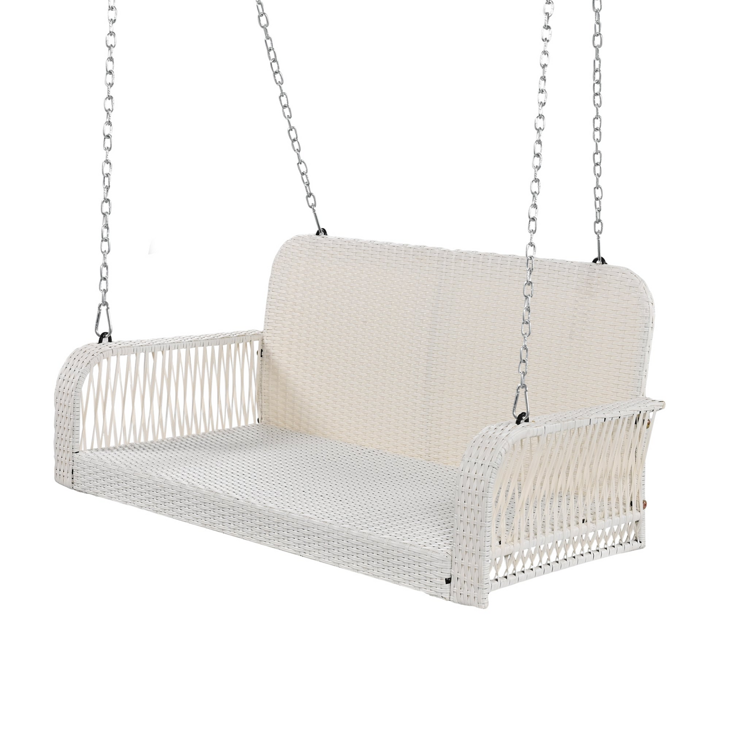 PE Wicker Porch Swing, 2-Seater Hanging Bench With Chains, Patio Furniture Swing For Backyard Garden Poolside, White And Gray