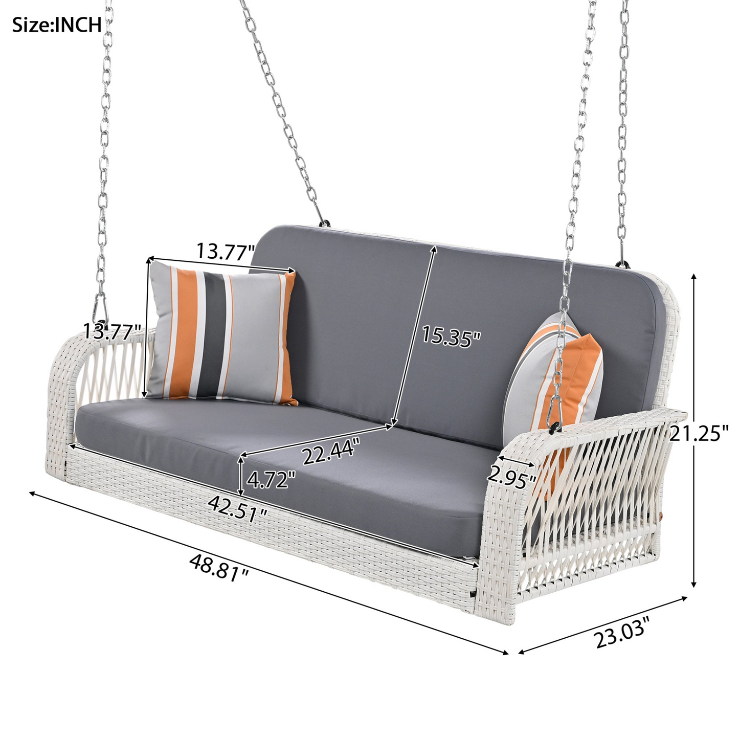 PE Wicker Porch Swing, 2-Seater Hanging Bench With Chains, Patio Furniture Swing For Backyard Garden Poolside, White And Gray