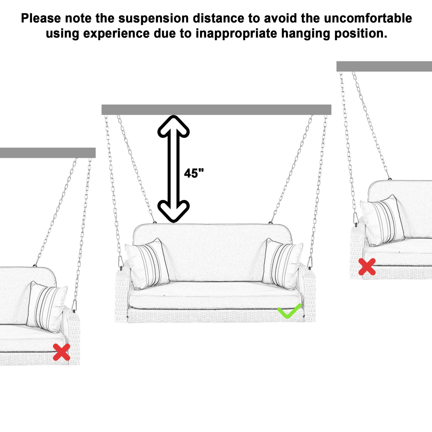 PE Wicker Porch Swing, 2-Seater Hanging Bench With Chains, Patio Furniture Swing For Backyard Garden Poolside, White And Gray