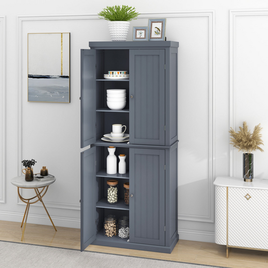 Freestanding Tall Kitchen Pantry, 72.4" Minimalist Kitchen Storage Cabinet Organizer with 4 Doors and Adjustable Shelves,Gray