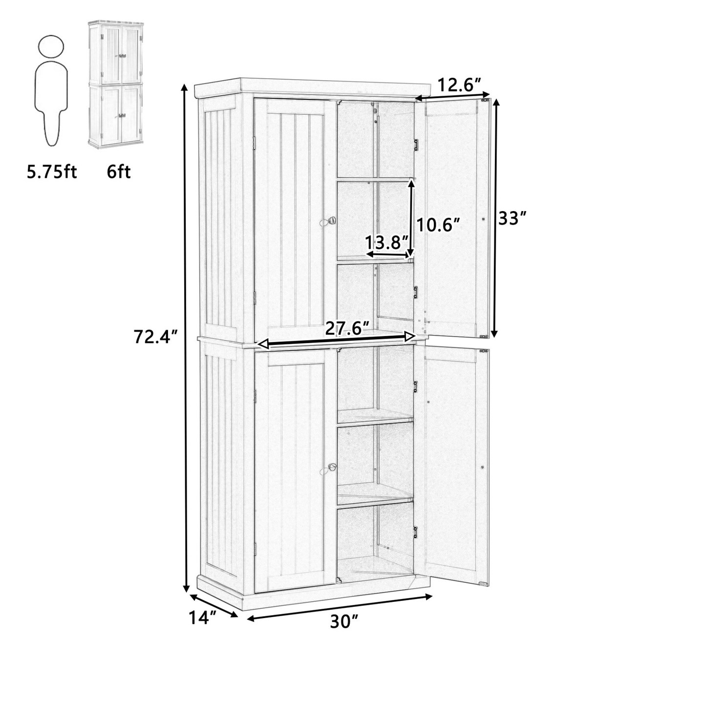 Freestanding Tall Kitchen Pantry, 72.4" Minimalist Kitchen Storage Cabinet Organizer with 4 Doors and Adjustable Shelves,Gray