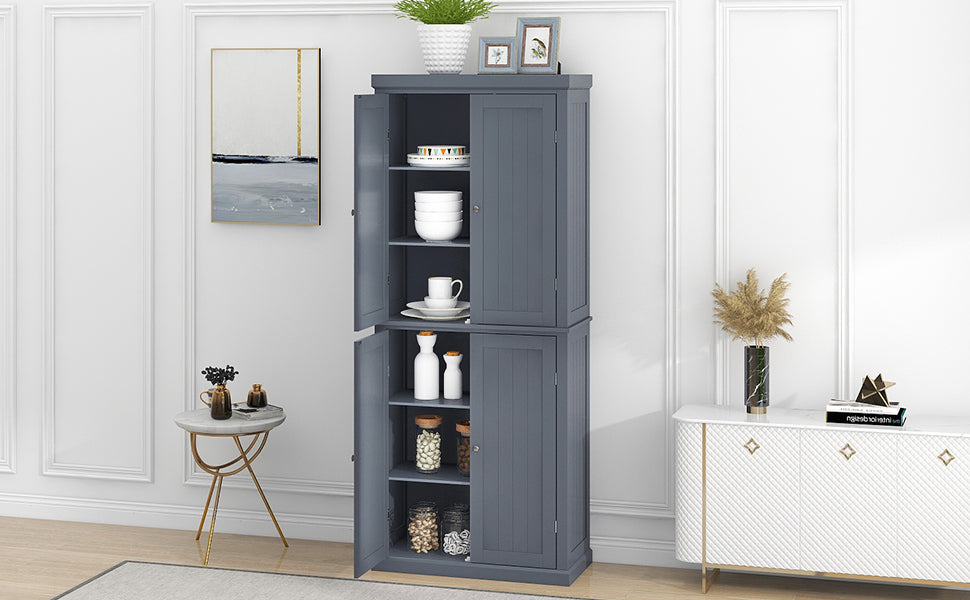 Freestanding Tall Kitchen Pantry, 72.4" Minimalist Kitchen Storage Cabinet Organizer with 4 Doors and Adjustable Shelves,Gray