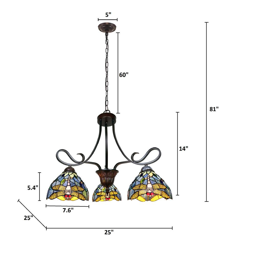 CHLOE Lighting SUNNIVA Dragonfly Tiffany-Style 3 Light Chandelier 25" Wide