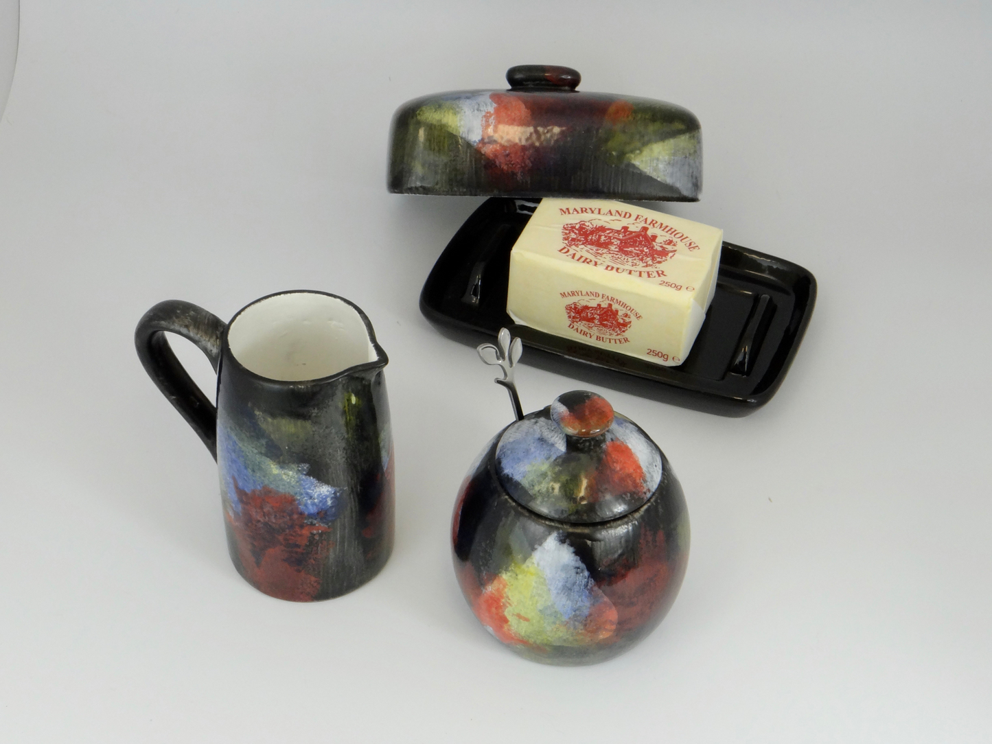 Butter Dish, Sugar Bowl and Milk Jug Set - Abstract Glaze