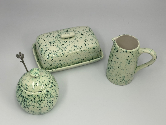 Butter Dish, Sugar Bowl, Milk Jug Set Speckled Green Glaze