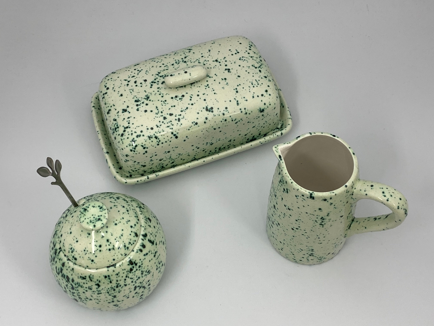 Butter Dish, Sugar Bowl, Milk Jug Set Speckled Green Glaze