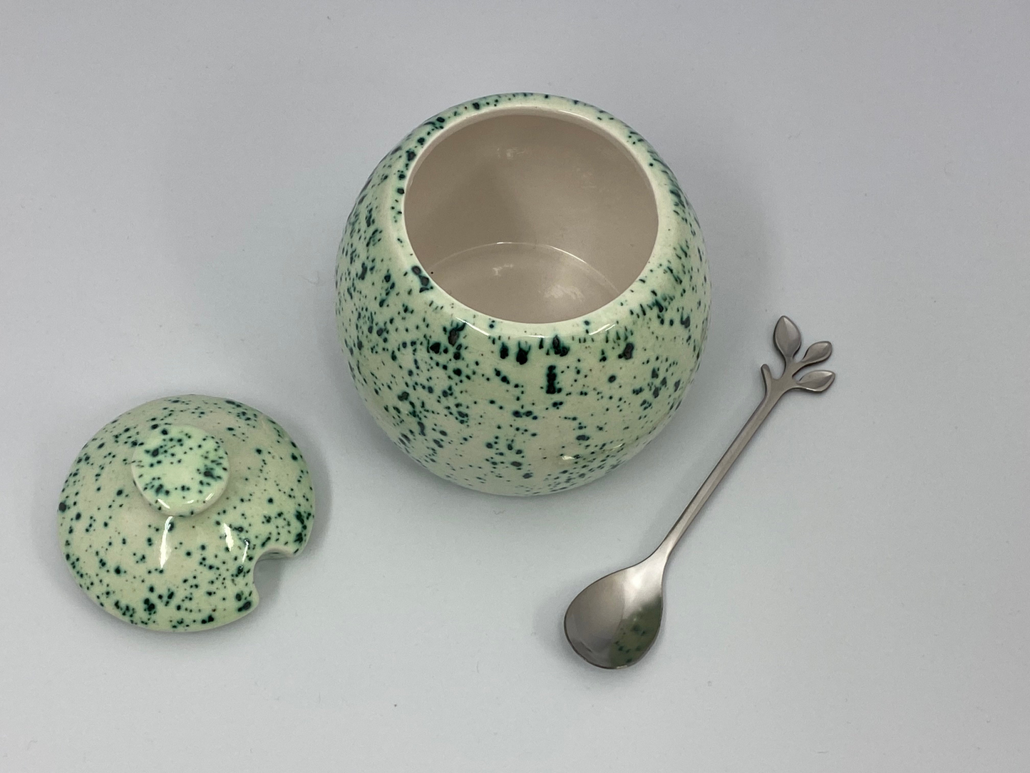 Butter Dish, Sugar Bowl, Milk Jug Set Speckled Green Glaze