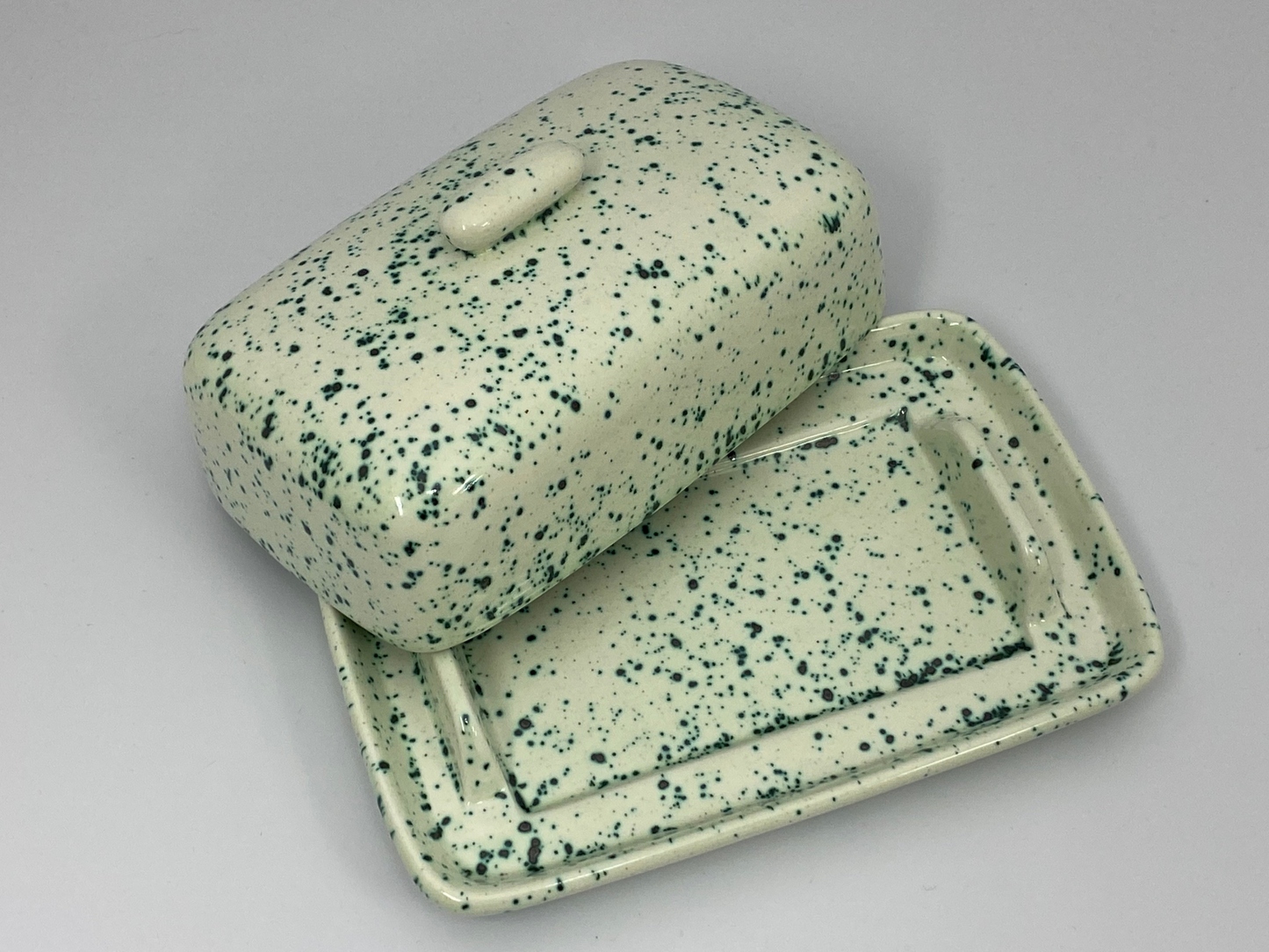 Butter Dish, Sugar Bowl, Milk Jug Set Speckled Green Glaze