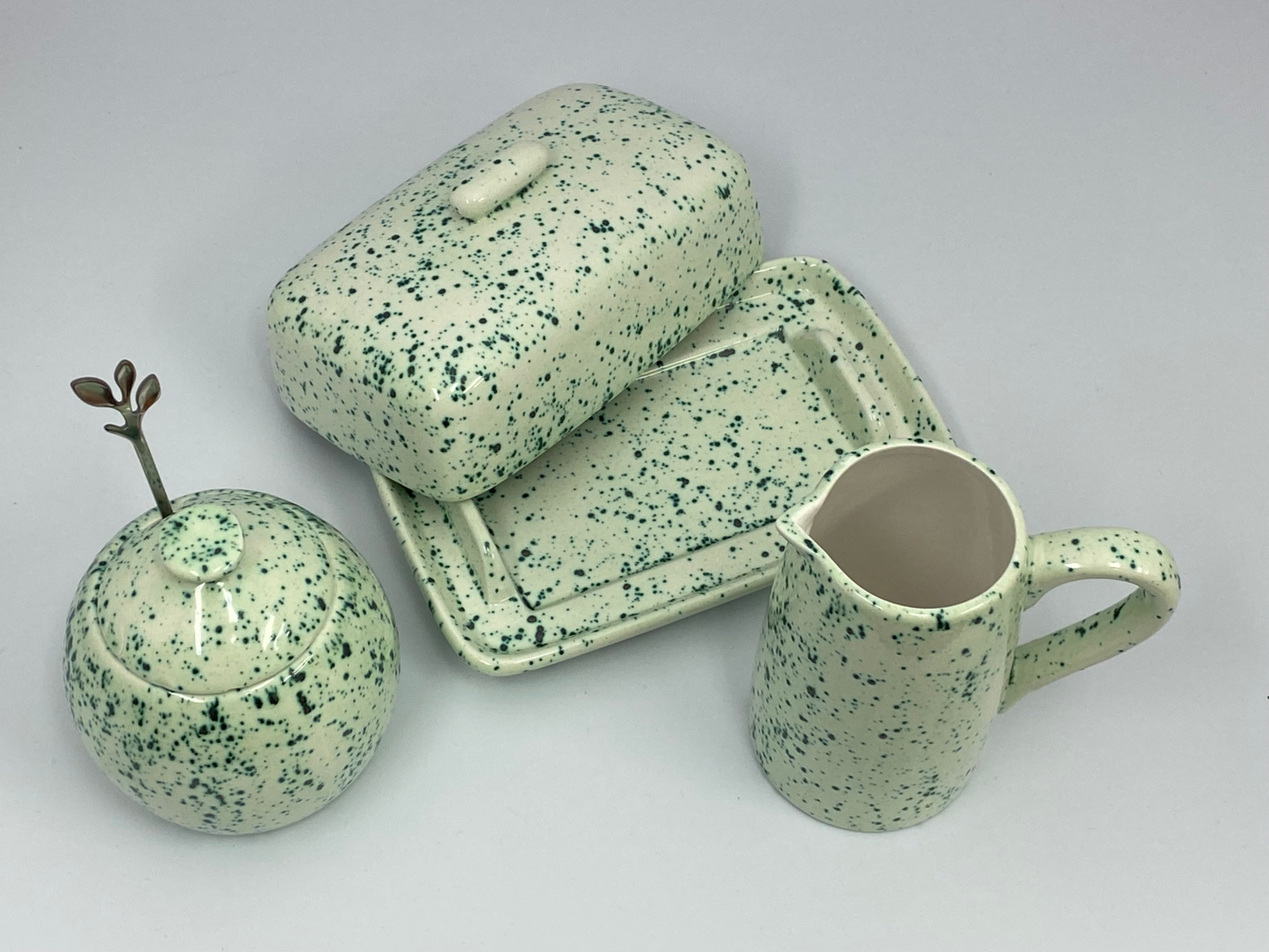 Butter Dish, Sugar Bowl, Milk Jug Set Speckled Green Glaze