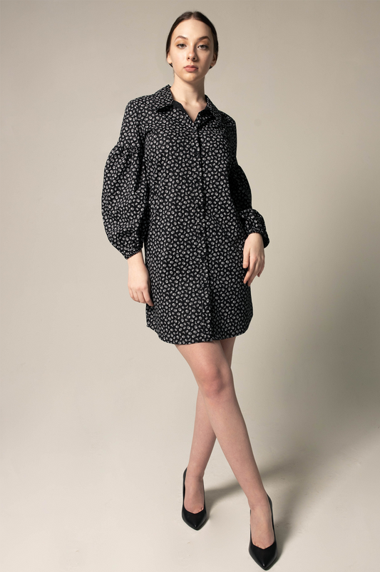 The Black Floral Shirt Dress in Italian Cotton with Oversized Sleeves