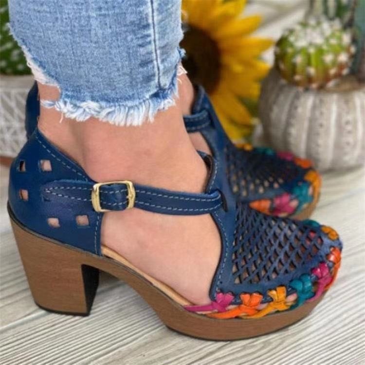 Women's Floral Buckle Chunky Heel Toe Roman Sandals