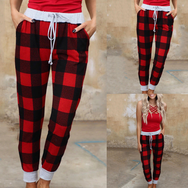 Christmas Print Plaid Drawstring Pants