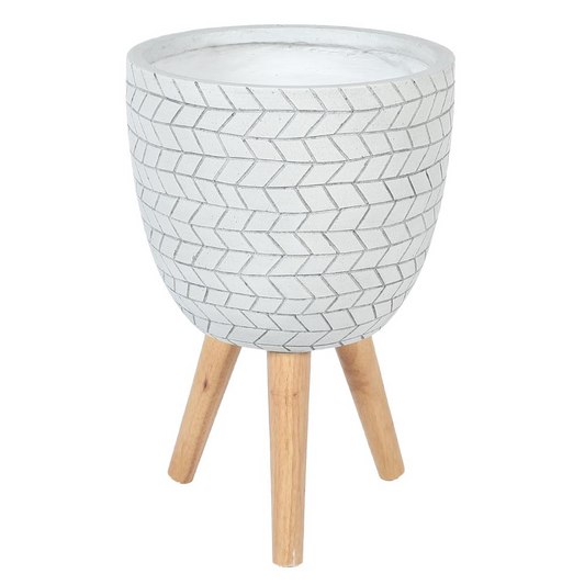 LuxenHome White Cube Design 12.1 in. Round MgO Planter with Wood Legs