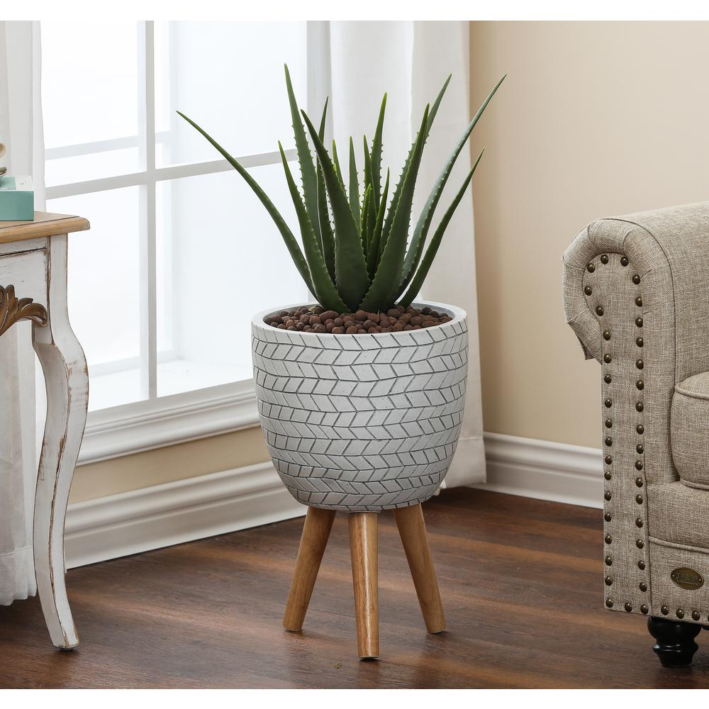 LuxenHome White Cube Design 12.1 in. Round MgO Planter with Wood Legs