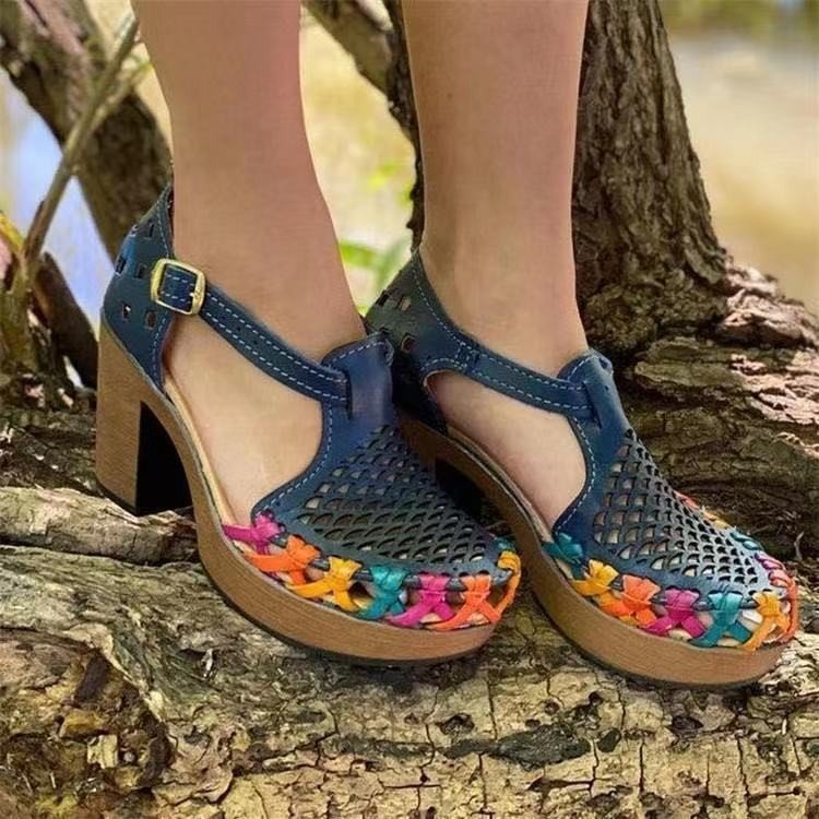 Women's Floral Buckle Chunky Heel Toe Roman Sandals