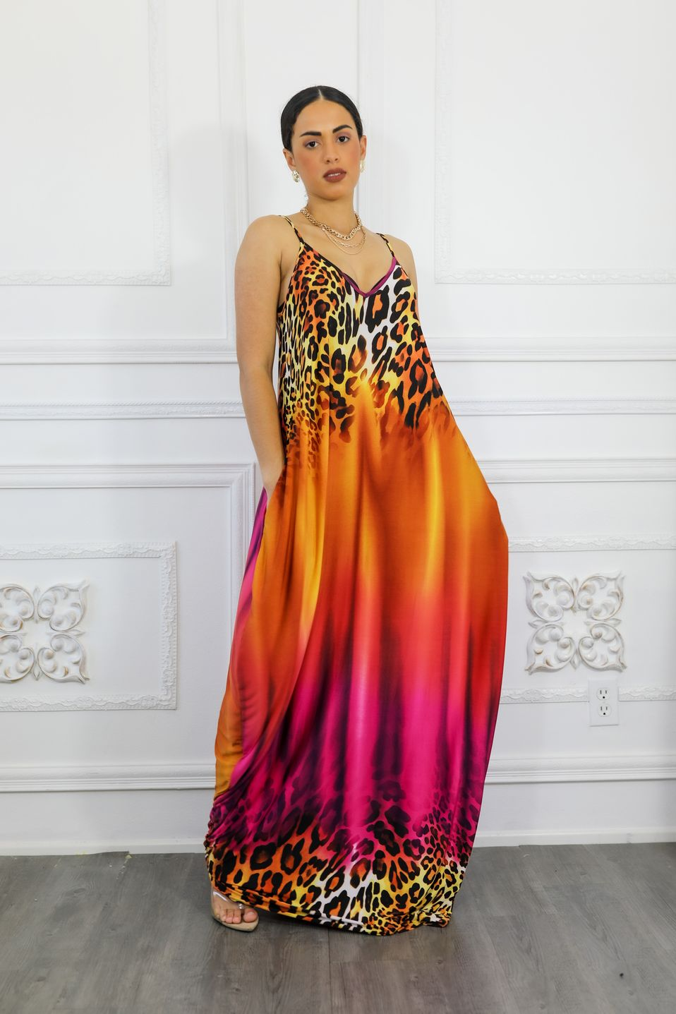 Cheetah Ombré Print Flow Maxi Dress with Side Pockets