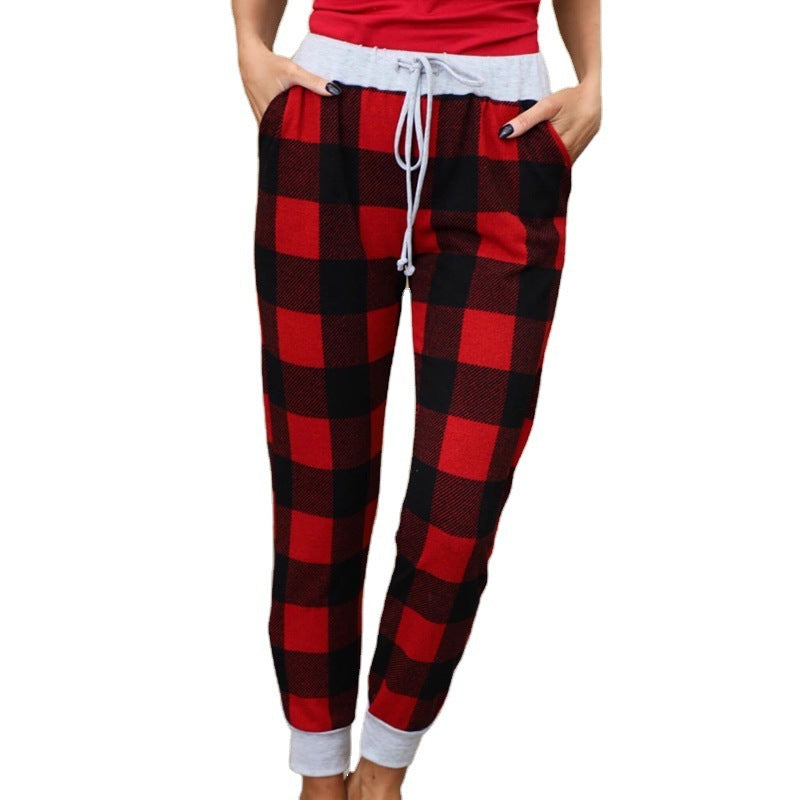 Christmas Print Plaid Drawstring Pants