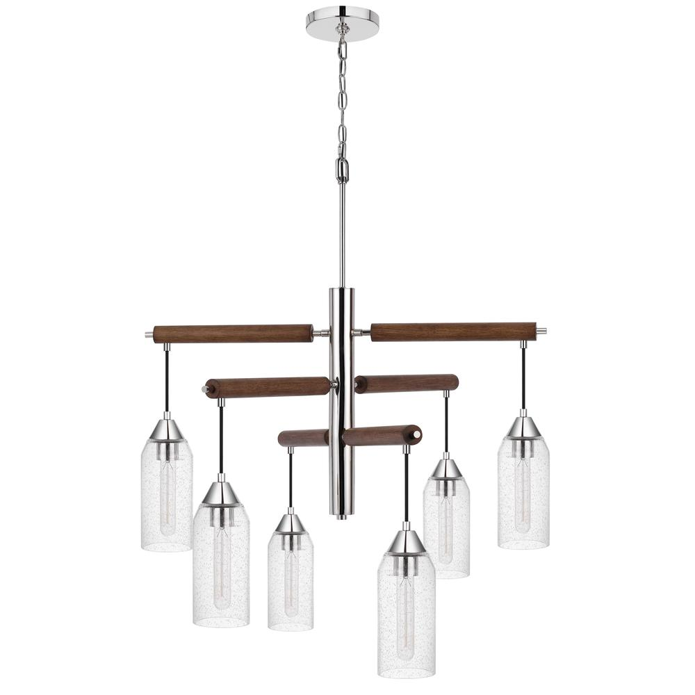 Massillon rubber wood chandelier with hanging bulbbed glass shades