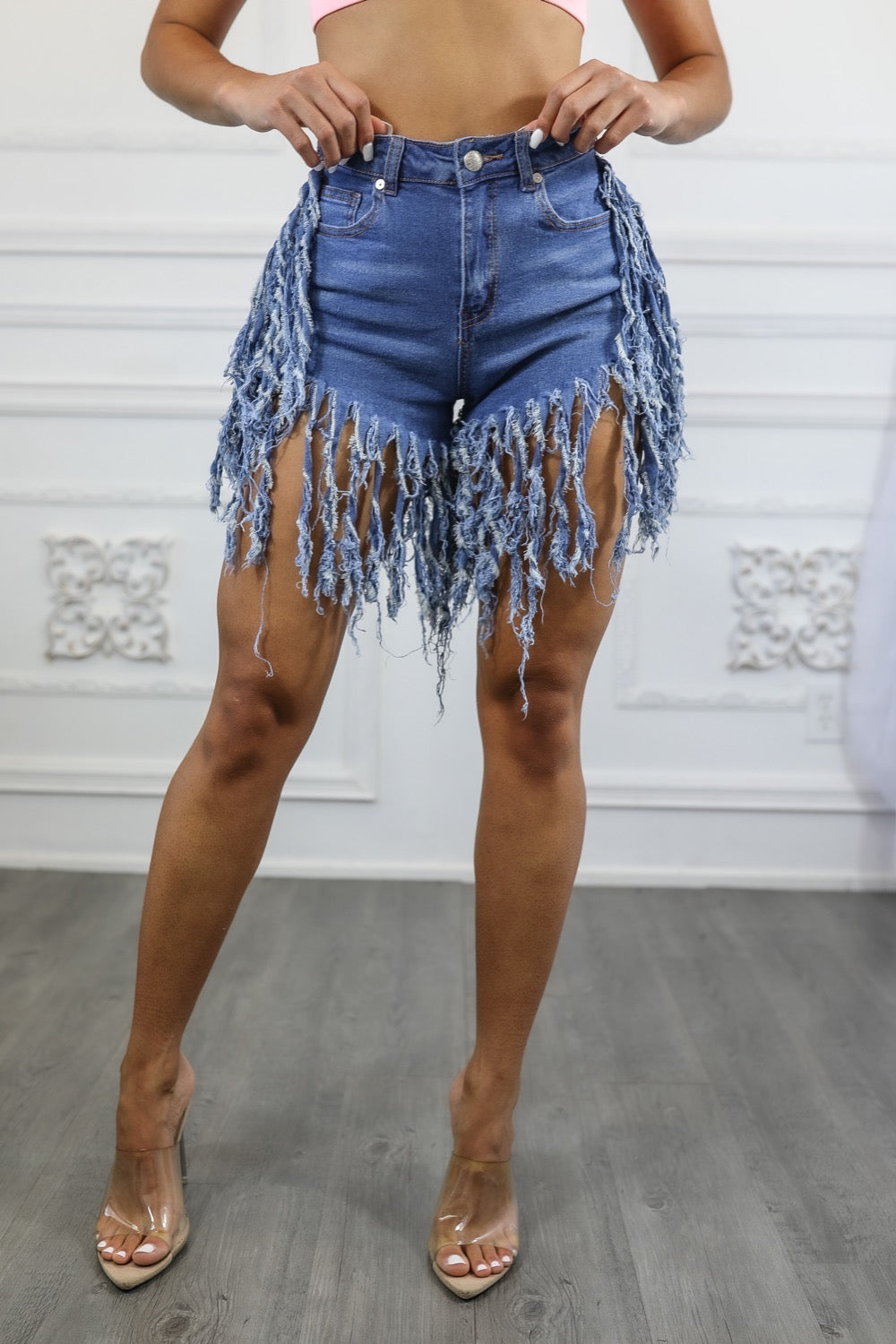 High Waist Fringed Denim Shorts