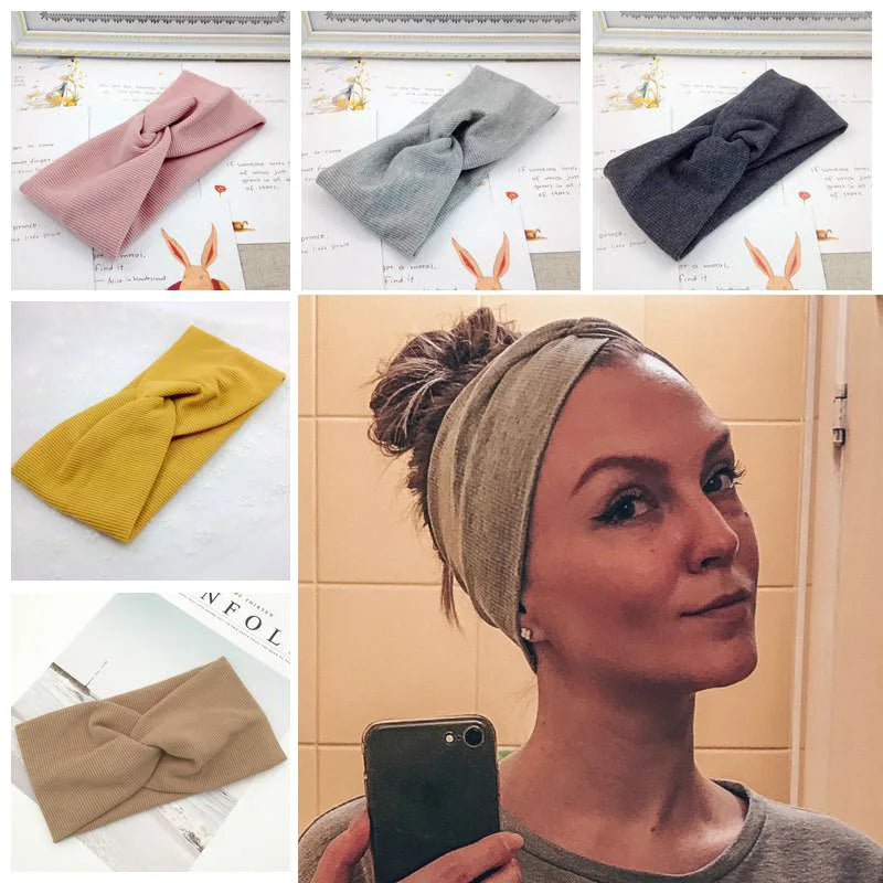 Solid Color Wide Turban Cross Knot Cotton Twisted Headwrap