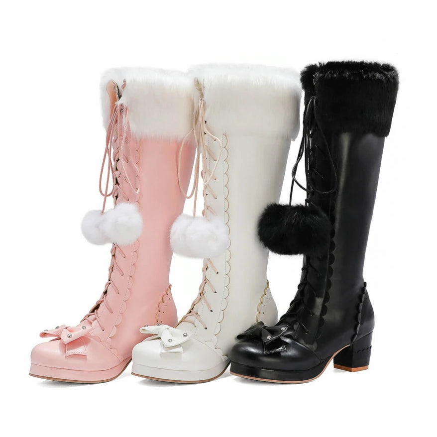 Girls Princess Lace Up Bowtie High Boots Winter