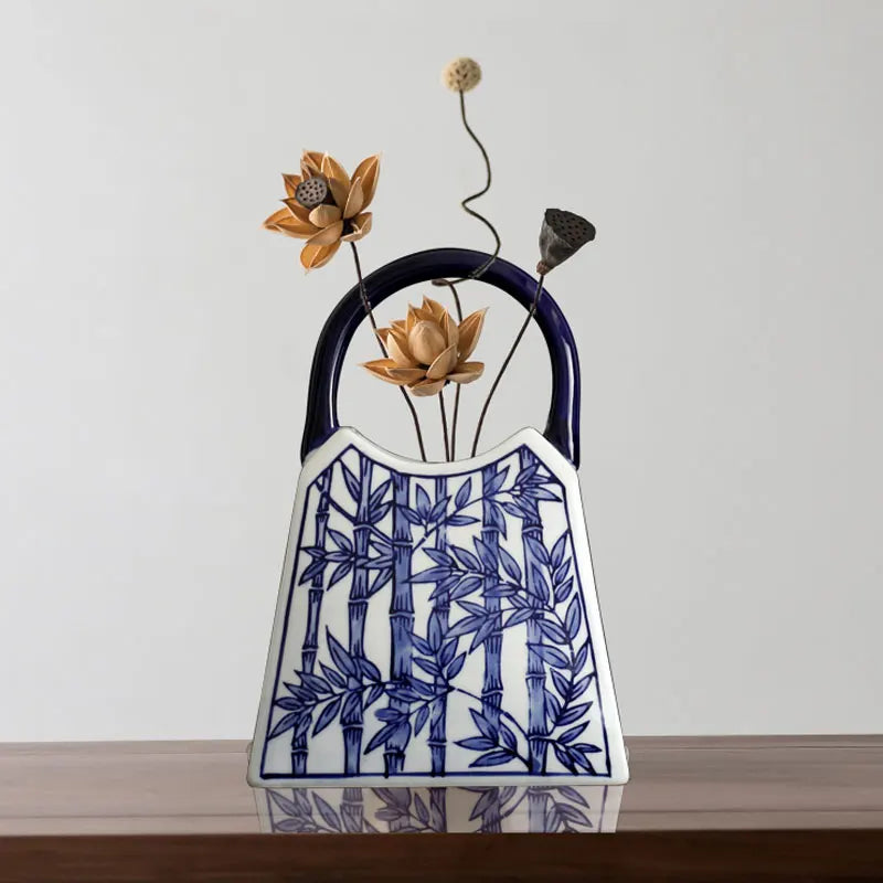 Chinese-style Blue And White Ceramic Handbag Shape Vase