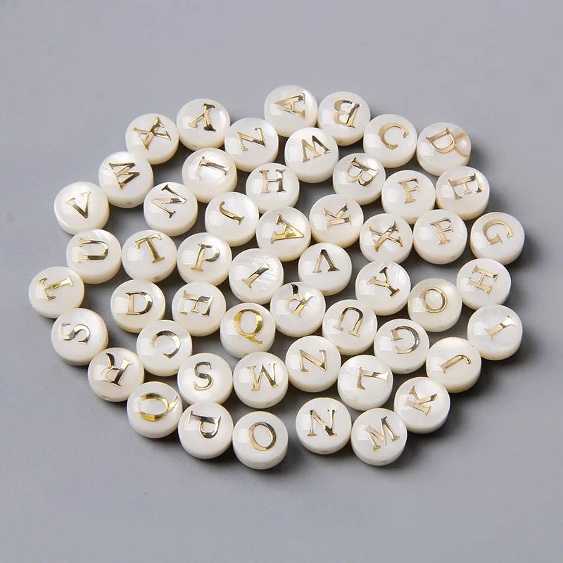 White Shell Beads26pcs/lot Cross/Vertical Hole 8mm Round Gold Color Letter