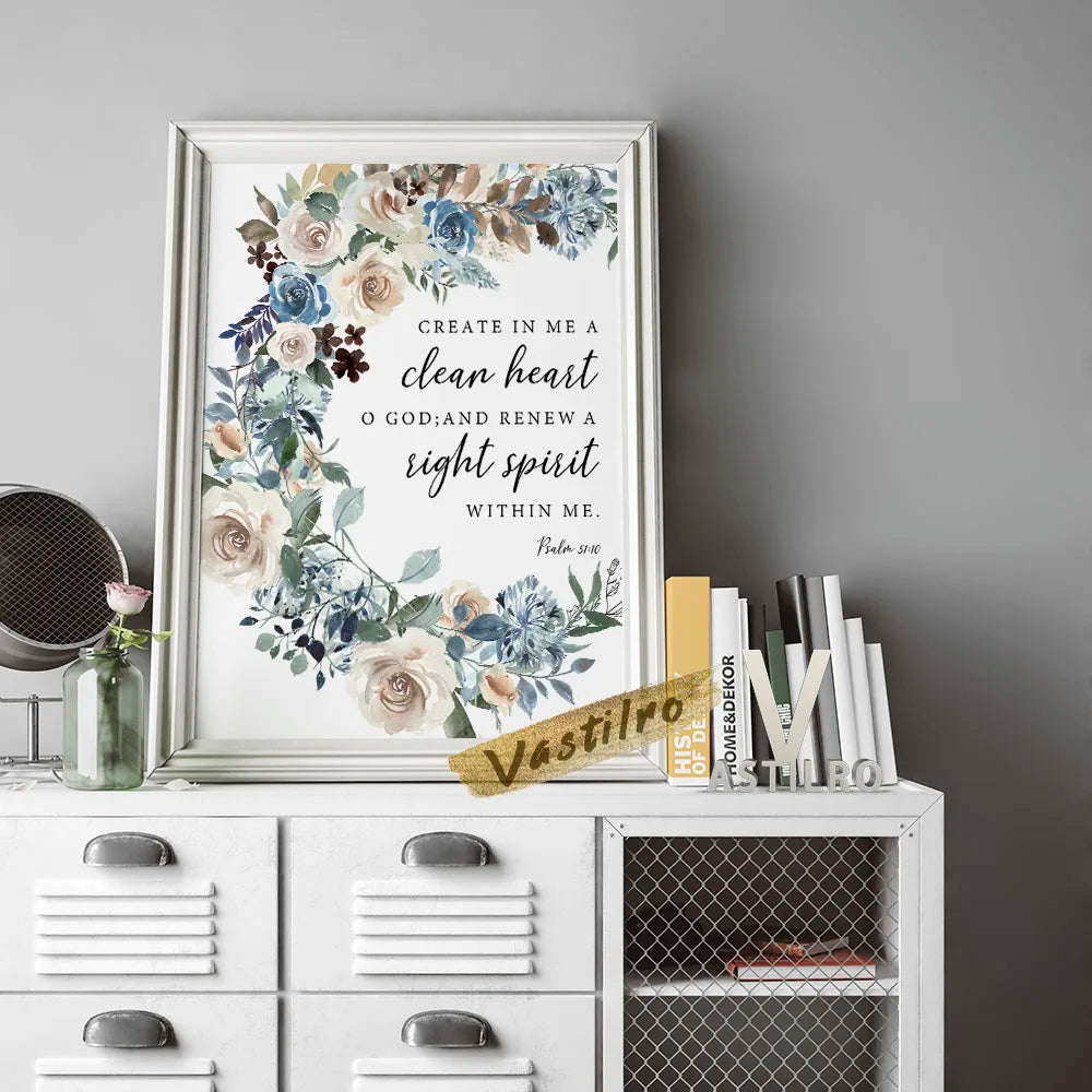 Psalm Clean Heart Bible Verse Wall Art Floral Print Scripture