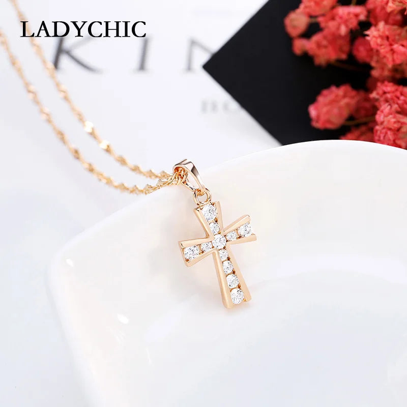 LADYCHIC Elegant Zircon Cross Pendant Christian Jewelry Necklace