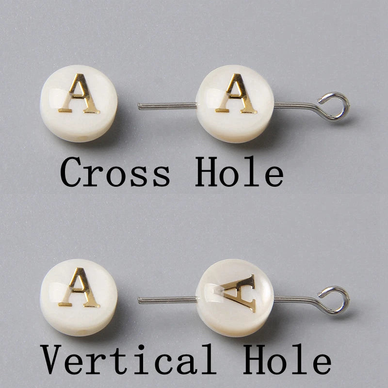 White Shell Beads26pcs/lot Cross/Vertical Hole 8mm Round Gold Color Letter