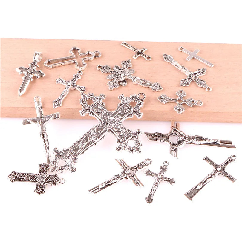 15pcs Crosses Charms/Pendants Christian Antique Silver Color DIY Handmade Jewelry Components