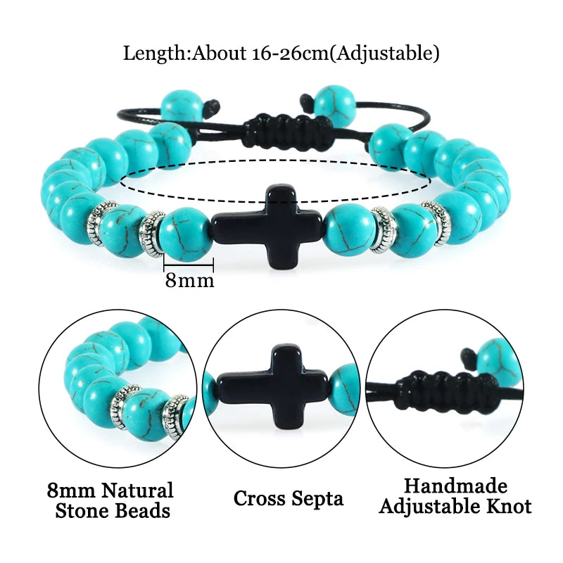 Men/Women 8MM Natural Stone  Cross Hematite Bead Christian Bracelets