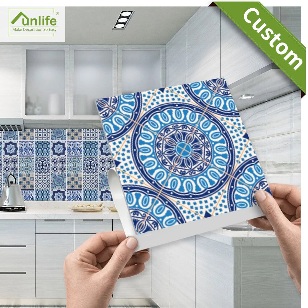 Self-Adhesive Blue & White Porcelain Tile Stickers, pack of 10