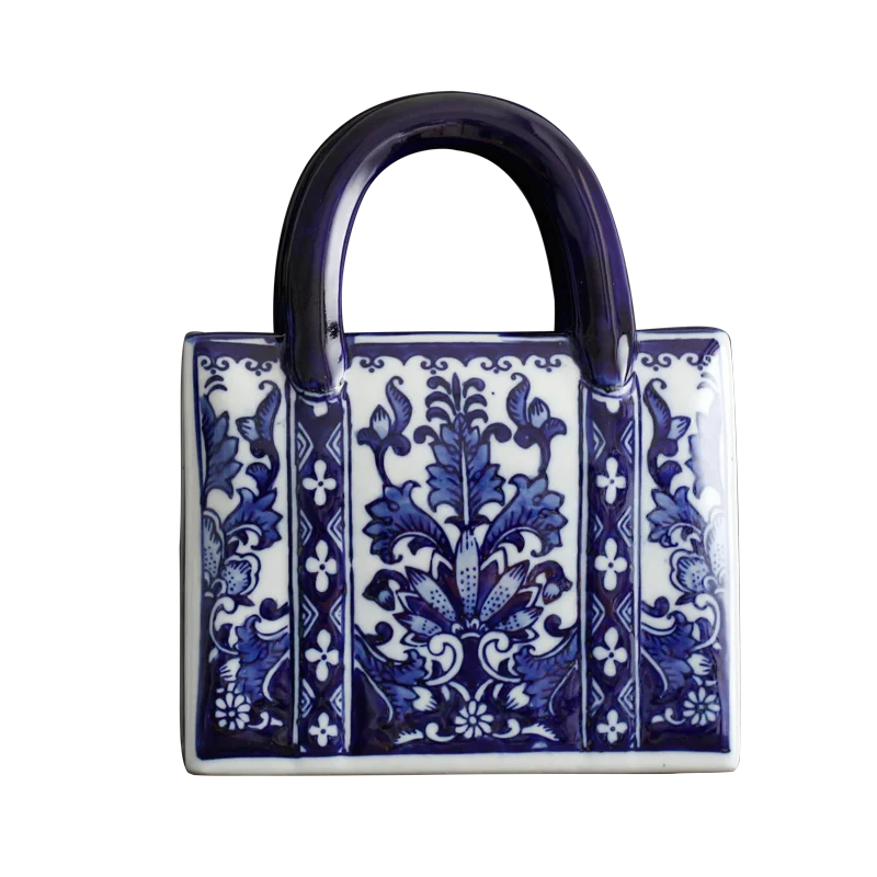 Chinese-style Blue And White Ceramic Handbag Shape Vase