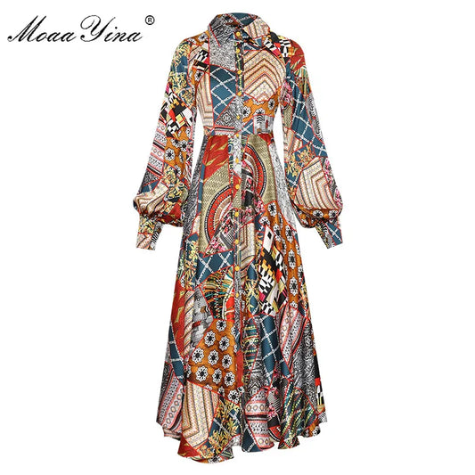 Designer Lantern Long Sleeve Vintage Print Dress