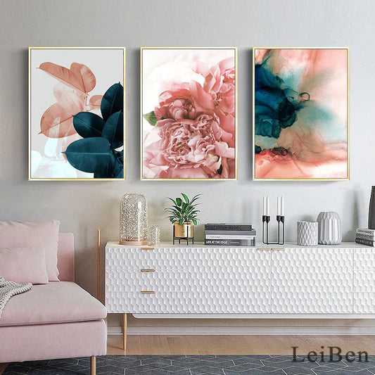 Nordic Pink Flower Canvas Painting Abstract Picture