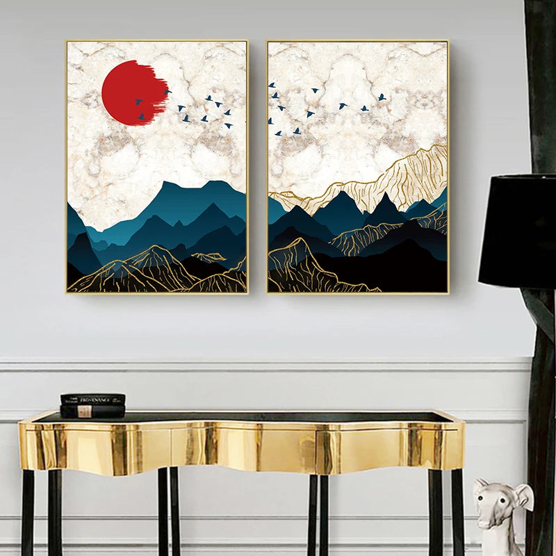 Sunset Dusk Line Mountain Abstract Landscape Canvas Painting Print