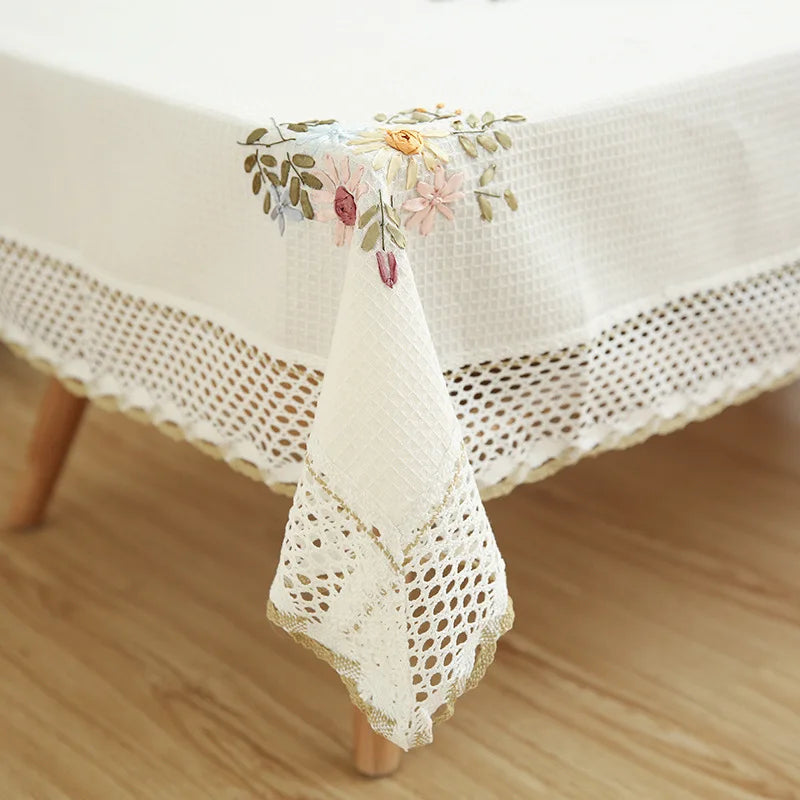 White Hollow Lace Cotton Linen Dustproof Table cloth